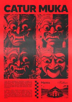 a red poster with an image of two faces and the words catur muka on it