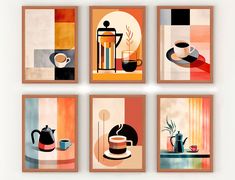 four framed art pieces with coffee cups and teapots on them, all in different colors