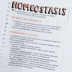 a notepad with the words homeostais written in orange and black on it