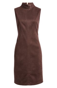 An exposed back zipper reinforces the polished aesthetic of a sleeveless sheath sewn with structured seams. 38 1/2" length (size Medium) Mock neck Sleeveless 93% polyester, 7% spandex Machine wash, tumble dry Imported Sleeveless Stretch Mini Dress For Work, Chic Fitted Sleeveless Dress With Side Zipper, Chic Stretch Sleeveless Dress For Work, Structured Sleeveless Dress For Work, Stretch A-line Sleeveless Dress For Work, Sleeveless Brown Mini Dress For Work, Brown Sleeveless Mini Dress For Work, Lined Stretch Mini Dress For Work, Stretch Lined Mini Dress For Work