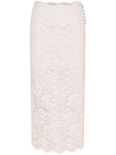 cream white stretch-design corded lace floral-lace detailing semi-sheer construction high-waisted scallop edge partial lining scallop hem mid-length side button fastening Feminine Beige Lace Skirt, Lace Skirt With Lace Work, Elegant Lace Bottoms With Lace Trim, Feminine Lace Skirt With Lace Trim, Elegant Cream Bottoms With Delicate Lace, Elegant Midi Length Bottoms With Lace Trim, Chic Formal Lace Skirt, Formal Lace Bottoms With Lace Trim, Elegant Fitted Skirt With Scalloped Lace