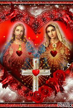 two hearts with the faces of jesus and mary on them, surrounded by red roses