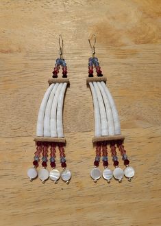 Dentalium Shells, Bicone Beads, Sinew, and Latigo Leather Dentalium Shell Earrings, Shells Earrings, Beaded Art, Earring Ideas, Beaded Earrings Patterns, Native Jewelry, Earring Patterns, Shell Earrings, Jewelry Inspo