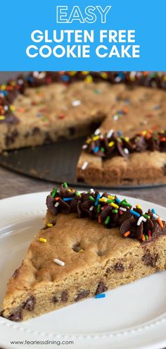 an easy gluten free cookie cake with chocolate chips and sprinkles