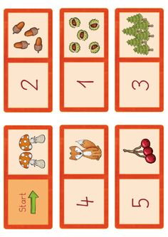 a set of four matching cards with numbers and pictures on them, each showing different food items