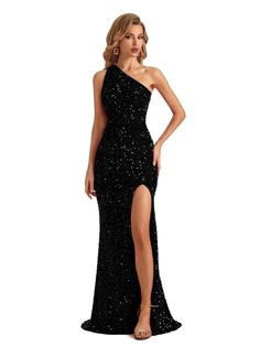 Sexy Mermaid One Shoulder Side Slit Sparkly Long Formal Prom Dresses - ChicSew One Shoulder Shiny Dress, One Shoulder Black Prom Dress, Elegant Dinner Dresses, Prom Dresses Long Simple, Long Sparkly Dresses, Black Sparkly Prom Dress, Trouser Fashion, Asymmetrical Prom Dress, Matric Dress