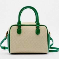 Zara Contrast Mini Bag With Green Trim New!!! Shoulder Strap That Is Removable Elegant Beige Box Bag For Errands, Zara Green Shoulder Bag For Daily Use, Green Top Handle Box Bag For Errands, Classic Green Bag For Spring, Classic Green Bags For Spring, Green Box Bag With Detachable Strap For Errands, Chic Green Shoulder Bag With Handles, Zara Beige Satchel Shoulder Bag, Green Casual Box Bag With Top Handle