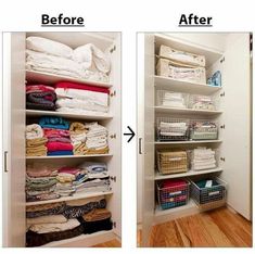 before and after pictures of an organized closet with folded linens on the bottom shelf