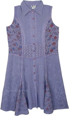 Find a modern way to go back to your roots with this western dress with unique patchwork in mixed fabric and embroidery. The linear stitching of this dress will flatter any body type and looks very rustic. The curved neck tops a line of artistic buttons that look perfect with the embroidery on the dress. Comes with a tie on the back to get the proper fit, the fabric is soft and comfortable to wear. This is the perfect dress to wear whenever you feel like dressing old-style, but not over the top! Bohemian Sleeveless Dress With Button Closure, Sleeveless Purple Patchwork Dress, Purple Patchwork Sleeveless Dress, Purple Cotton Dress With Buttons, Bohemian Sleeveless Lavender Dress, Long Dress With Jeans, Dress With Jeans, Summer Shirt Dress, Western Skirts