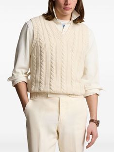 Find RALPH LAUREN Braided Cashmere V-neck Vest on Editorialist. beige cashmere blend cotton sleeveless braided knit ribbed hem straight hem Knitted Vest, Knit Vest, Polo Ralph Lauren, Top Brands, Cashmere, Braids, Ralph Lauren, V Neck, Luxury Fashion