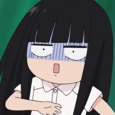 an anime character with long black hair and white shirt holding her hand on her chest