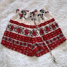 Nwot, Never Worn - Ordered The Wrong Size Online :( Adorable Red Floral Pattern Boho Style Shorts The Waist Band Is Elastic And Very Stretchy! Red Bohemian Bottoms For Vacation, Bohemian Red Bottoms For Vacation, Red Cotton Shorts For Beach Season, Red Summer Bottoms For Beach Season, Red Cotton Vacation Shorts, Red Floral Print Bottoms For Beach Season, Red Floral Print Beach Bottoms, Red Floral Print Summer Bottoms, Summer Floral Print Red Bottoms