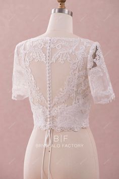 Short Sleeves Lace Bridal Crop Top Wedding Jacket Detachable Bustier Elegant Lace Tops With Sweetheart Neckline, Fitted Crop Top With Lace Sleeves, Elegant White Crop Top With Corset Back, Elegant Fitted Crop Top With Short Sleeves, Elegant Lace Tops With Corset Back, Elegant Cropped Crop Top For Wedding, White Lace Top With Sweetheart Neckline, Fitted Lace Trim Bodice For Wedding, Fitted Lace Crop Top For Wedding