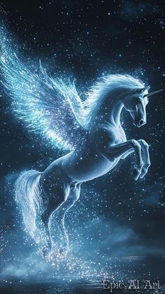 a white unicorn with wings flying through the sky