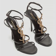 Saint Laurent Cassandra Black Ysl Medallion Stiletto Sandals. 100% Authentic, Purchased From Saint Laurent In Venice, Italy For $1,350.00. Comes With Box, 2 Dustbags, Cards, And Extra Heel Tabs. Size 38 Eu, Fits Like A 7.5-8 Us. In Excellent Condition, Very Light Wear As Shown In Photos. Only Worn Twice. All Condition Is Pictured. Saint Laurent Black Smooth Bovine Leather Sandals With Signature Ysl Monogram Hardware In Bronze Gold Color. 4.33" Stiletto Heel. Open Toe. Branded Leather Insole. Thr Bronze Gold, Saint Laurent Shoes, Stiletto Sandals, Venice Italy, 2 Photos, Stiletto Heel, Leather Sandals, Shoes Women Heels, Stiletto Heels