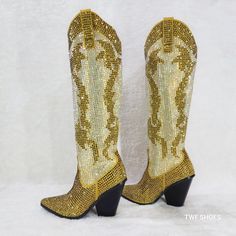 Fully Covered Rhinestone Upper Western Cut Heels ( Approx. 4") Knee High Shaft With Pull On Design Brand New In Box Absolutely Gorgeous In Person!! Picture Just Don't Do Them Justice. Gold Boots With Rhinestones For Evening, Gold Boots With Rhinestones For Party, Gold Party Boots With Rhinestones, Formal Gold Embellished Boots, Gold Rhinestone Party Boots, Luxury Gold Western Boots, Fitted Gold Western Boots, Western Wide Calf Knee-high Boots With Square Toe, Luxury Gold Knee-high Boots