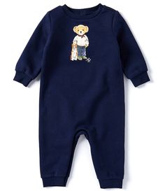 From Polo Ralph Lauren&#x2C; this coverall features:CrewneckLong sleeves with ribbed cuffs3-snap placket at the center backPolo bear&#x2C; a dog&#x2C; and "RL" script printed at the center frontRibbed leg openingsConcealed ring snaps at the hemPeached fleeceShell of cotton/polyesterRibbed trim of cotton/elastaneMachine wash/tumble dryImported. Casual Winter Onesie With Cartoon Print, Cotton Long Sleeve Jumpsuits And Rompers With Cartoon Print, Casual Long Sleeve Cartoon Print Onesie, Cotton Long Sleeve Jumpsuits And Rompers For Playwear, Casual Jumpsuits And Rompers For Winter Playtime, Blue Long Sleeve Onesie With Cartoon Print, Fall Playwear Onesie, Fall Cotton Overalls For Loungewear, Long Sleeve Jumpsuits And Rompers For Fall Playtime