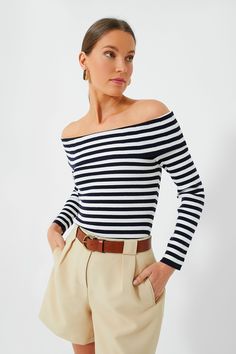 Navy Stripe Off The Shoulder Reese Top | Tuckernuck Striped Nautical Tops For Summer, Nautical Striped Tops For Summer, Striped Sailor Long Sleeve Top, Sailor Striped Long Sleeve Top, Sailor Style Striped Long Sleeve Top, Striped Off-shoulder Fitted Top, Striped Fitted Off-shoulder Top, Fitted Striped Off-shoulder Top, Striped Sailor Style Top For Spring