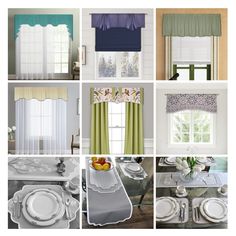 different shades of blue and green are featured in this collage with white plates, silverware, dishes, and curtains