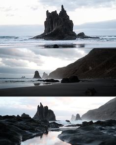 two pictures of rocks in the ocean with water