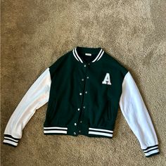 Women’s Reflex Varsity Jacket Size Large Never Worn White Cotton Varsity Jacket For Fall, Green College Style Outerwear For Winter, Green College Style Winter Outerwear, Trendy Green Outerwear For College, Green College Style Outerwear For Fall, White Varsity Cotton Outerwear, White Varsity Jacket For College In Fall, White Cotton Varsity Outerwear, White Cotton Varsity Jacket For School