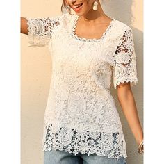 Season:Summer; Fabric:Polyester; Sleeve Length:Short Sleeve; Gender:Women's; Style:Stylish,Elegant; Tops Type:Blouse; Occasion:Daily; Pattern:Solid Color; Design:Lace; Neckline:Square Neck; Brand:Shall We; Front page:FF; Listing Date:04/08/2024; Bust:null; Length:null; Shoulder Width:null; Fit US Size:null; Fit UK Size:null; Fit EU Size:null White Lace Shirt, Women Lace Blouse, Making Patterns, Elegant Tops, White Lace Shorts, Dress Making Patterns, Women's Blouses, Lace Neckline, Lace Short