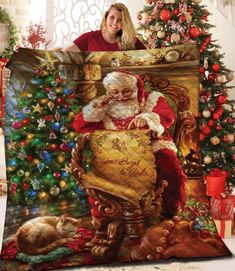 a painting of santa claus sitting in front of a christmas tree