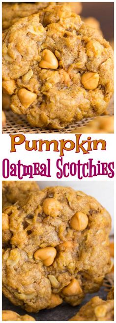 pumpkin oatmeal scotchies are stacked on top of each other with the words,