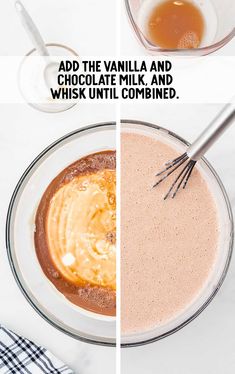 the ingredients to make vanilla and chocolate milk are shown in separate bowls, with text overlay