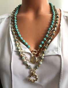 🤗This necklace will add the perfect touch to all ladies , it will go perfectly with almost any casual outfit and it is certain to atract attention ! An handmade  eye-catching piece using uncommon materials, with each component making a distinct statement, captivating and timeless ! ✔️For the necklace I've combined Turquoise and Ocean Jasper semiprecious gemstones, the beads are 8 mm size, as pendant I've used an oval Water agate . The chain is gold plated brass , I've combined gold plated brass details with gemstones beads as well . Lenght of the inner strand is 60 cm ( 23 inches ). 🛫Please check your address details during the worder for excluding any unwanted problems ! Dont forget to add your phone number to be more easy to complete your order delivery 🙏After your order will be made Art Necklaces, Neck Jewellery, Boho Accessories, Pretty Necklaces, Trendy Necklaces, Handmade Jewelry Diy, Lovely Necklace, Bead Jewellery, Ocean Jasper