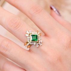 *Condition: Brand new *Center Stone: Natural Zambia Emerald, Square cut, approx 0.86ct *Side stones: Natural White Diamond, round-cut (VS1 clarity and F color) Natural White Diamond, buggate-cut (VS1 clarity and F color) *Metal Purity: Optional *Ring Weight: 4.7g (depend the ring size) *Sell as a set rings Each piece is made-to-order with care and special attention to detail. all items are made with conflict-free diamonds and gems. Size: made to order The item will be gift wrapped and shipped. - Princess Cut Diamond Emerald Ring For Wedding, Wedding Emerald Ring With Princess Cut Diamond, Princess Cut Emerald Ring For Wedding, Luxury 14k Gold Emerald Wedding Ring, Gold Emerald Cluster Ring With Brilliant Cut, Emerald Cluster Ring With Halo Setting For Wedding, Luxury Emerald Ring With Prong Setting For Wedding, Fine Jewelry Princess Cut Cluster Wedding Ring, Moissanite Baguette Cut Emerald Ring For Wedding