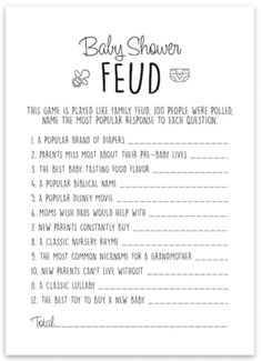 the baby shower and feud game is shown in black and white with text on it