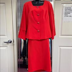 Red Suit By Donna Vinci And Crystals Button Elegant Red Formal Skirt Suit, Elegant Red Sets, Elegant Red Fitted Skirt Suit, Elegant Red Skirt Suit For Work, Red Long Sleeve Sets With Buttons, Elegant Red Sets For Spring, Classic Red Skirt Suit For Work, Red Skirt Suit For Spring Workwear, Formal Red Spring Sets