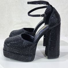 Black Rock It Jewel Black Rhinestone Chunky Heel 2 Inch Dual Platform 6 Inch High Heel Sandal With Ankle Strap. Brand New In Box Black Chunky Heels, Black Rock, Prom Shoes, Platform High Heels, Heel Sandal, Black Rhinestone, Chunky Heel, High Heel Sandals, Chunky Heels