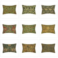 nine pillows with different designs on them, all in green and gold colors are shown