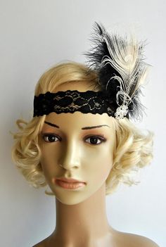 Flapper Lace Rhinestone Feather Headband, The Great Gatsby Headband, 1930s, 1920's,Feather, Lace fla Diy 20s Headband, Flapper Evening Headpiece With Feathers, Fitted Black Headpiece For Vintage Events, Black Flapper Headpiece For Costume Party, Black Gatsby Style Fascinator, Black Flapper Headpieces For Vintage Events, Black Flapper Headpieces For Party, Black Fitted Gatsby Headpiece, Flapper Style Feather Headpiece For Vintage Events