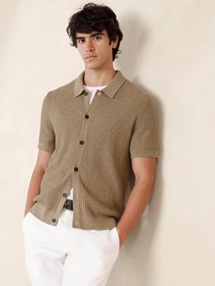 Cotton Textured Sweater Polo | Banana Republic Factory Casual Polo Collar Sweater For Work, Casual Henley With Buttons For Work, Casual Fall Sweater With Johnny Collar, Casual Collared Sweater For Work, Cotton Polo Sweater With Relaxed Fit For Workwear, Casual Relaxed Fit Polo Sweater For Work, Khaki Winter Top With Button Closure, Winter Khaki Top With Button Closure, Johnny Collar Cotton Polo Sweater For Fall