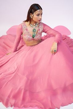 Peachy pink blouse with sequins and beads embroidery. Paired with coordinating lehenga and ruffled dupatta. - Aza Fashions Glamorous Pink Lehenga With Intricate Embroidery, Glamorous Pink Semi-stitched Sets, Glamorous Pink Lehenga With Resham Embroidery, Pink Floor-length Blouse With Resham Embroidery, Floor-length Pink Blouse With Resham Embroidery, Pink Hand Embellished Glamorous Choli, Glamorous Pink Hand Embellished Choli, Glamorous Hand Embellished Pink Choli, Glamorous Pink Embellished Sets