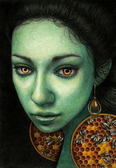 a painting of a woman with green makeup and large honey comb earrings on her face