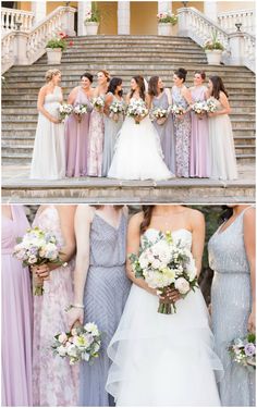 the bride and her bridal party are posing for pictures on the steps at their wedding