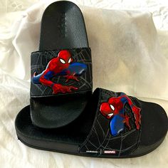 Never Worn Adidas/Marvel Spider-Man Slides Boys Size 13 Casual Black Sneakers With Character Print, Black Sneakers With Character Print, Fun Black Sneakers For Streetwear, Men Slides, Sandals Flip Flops, Adidas Black, Marvel Spiderman, Black Adidas, Adidas Shoes