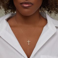 Our 18 karat gold Diamond Large Cross Pendant Necklace features an artfully crafted design that is perfect for everyday wear. This pendant is set on an 18" link chain and brilliant-cut diamonds elevate this traditional symbol of religious faith. 18 inch, 14-karat link chain Pendant measures 25mm x 14.75mm Diamond carat weight: 0.27cts Spring ring clasp Made with love in Los Angeles Complimentary gift wrapping provided Gold Cross Pendant With Cable Chain, Gold Cross Pendant Jewelry With Cable Chain, Gold Cross Pendant Cable Chain Jewelry, Gold Jewelry With Cable Chain Cross Pendant, Fine Jewelry Yellow Gold Cross Pendant Necklace, Yellow Gold Clavicle Chain With Cross Pendant, Fine Yellow Gold Cross Pendant Necklace, Elegant Cable Chain Jewelry With Cross Pendant, Elegant Cable Chain Cross Pendant Jewelry