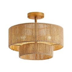 a chandelier that is made out of bamboo and has two lights hanging from the ceiling