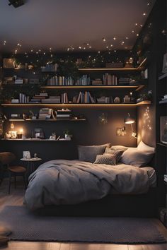 a bedroom with bookshelves and lights on the shelves above the bed, along with a small table