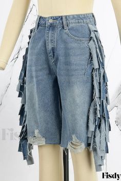 Fisdy - Pantalón corto vaquero infantil Periwinkle Casual Solid Tassel Patchwork High Waist Regular Denim Shorts Casual Denim Shorts, Denim Patchwork, High Waisted Shorts Denim, Casual Denim, Olivia Mark, Color Azul, Diy Clothes, Baby Blue, Denim Jeans