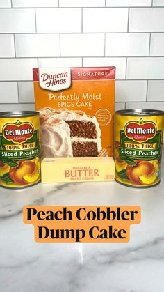 peach cobbler dump cake with the words, peach cobbler dump cake on it