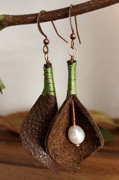 Leather and Fresh Water Pearl Leaf Earrings, Artisan Boho Chic Copper and Leather by PlateadaLuna on Etsy Leaf-shaped Brown Earrings Gift, Brown Leaf-shaped Earrings For Gift, Brown Leaf-shaped Earrings Gift, Handmade Brown Leaf-shaped Jewelry, Fresh Water Pearl, Leaf Earrings, Leather Earrings, Leather Jewelry, Fresh Water