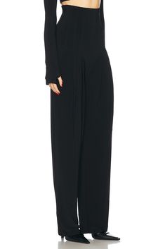 95% polyester 5% spandex.  Made in China.  Machine wash.  Hidden side zipper closure.  style runs large, size down.  .  .  .  .  .  .  .  .  .  .  . Wide Leg Stretch Pants With Zip Fly, Jersey Pants, Norma Kamali, Tapered Pants, Pleated Pants, Modern Outfits, Trouser Pants, Made In China, Made In