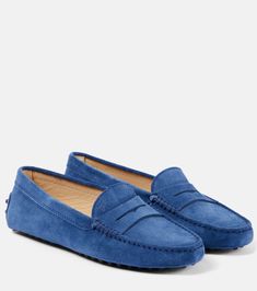 Gommino suede moccasins in blue - Tods | Mytheresa Womens Driving Loafers, Blue Suede Loafers, Cotton Twill Jacket, Tods Shoes, Suede Moccasins, Driving Loafers, Blue Flats, Driving Shoes, Suede Loafers