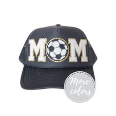 ⚽️ Show up to the game in style with this custom soccer mom hat!  This custom trucker hat features chenille varsity letter patches and soccer ball ironed on with industrial grade heat to ensure a secure bond.  The trucker hat is a high quality, mid profile, 5-panel hat with a built in sweat band.  The fit is perfect for men or women, yet it still fits women well & is not too big, bulky, and is not high sitting on the head.  This is a perfect accessory for a soccer mom, soccer lover, game day or Customizable Black Trucker Hat For Sports, Customizable Black Baseball Cap For Sports, Sporty Trucker Hat With Letter Print For Sports Events, Sporty Trucker Hat With Letter Patch For Sports, Soccer Mom Gifts, Sports Mom Gifts, Mom Hat, Letter Patches, Custom Trucker Hats